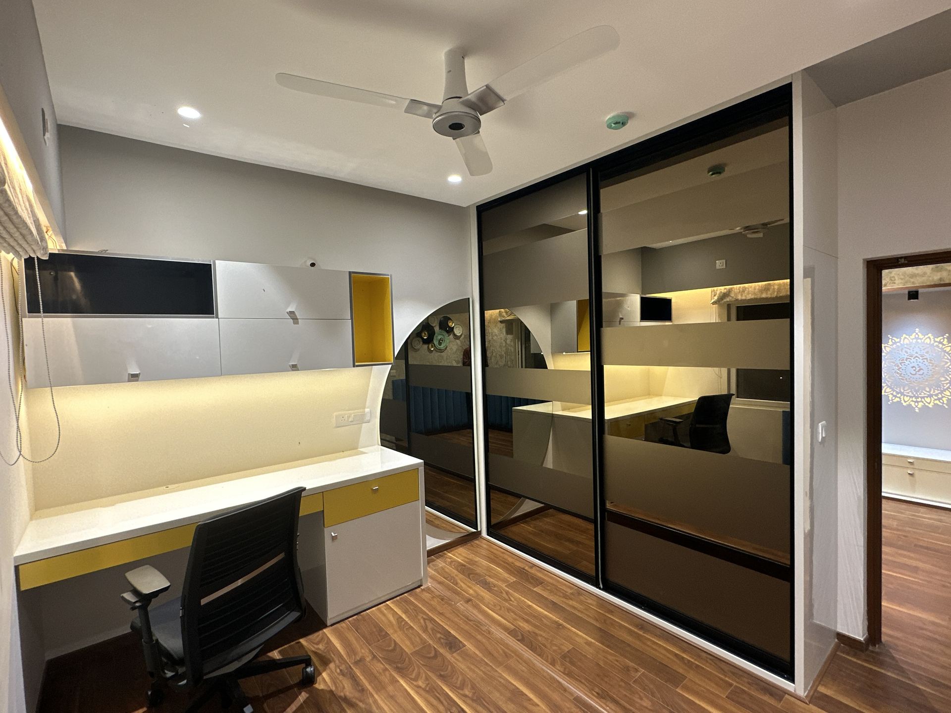 Study Nook & Mirrored Wardrobe — Bedroom and Wardrobes interior by Popular Interiors, Bangalore